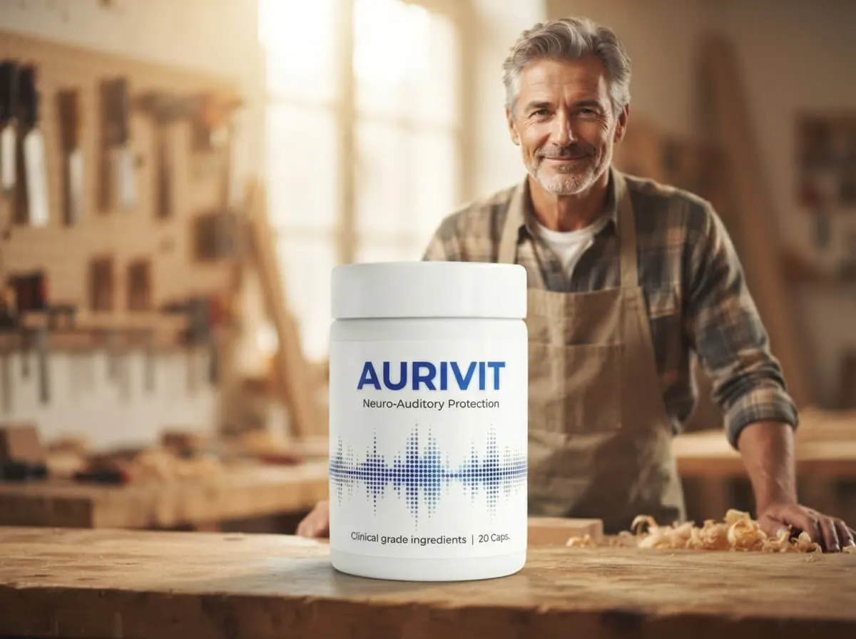 Carpenter in his workshop with a jar of Aurivit capsules on the workbench