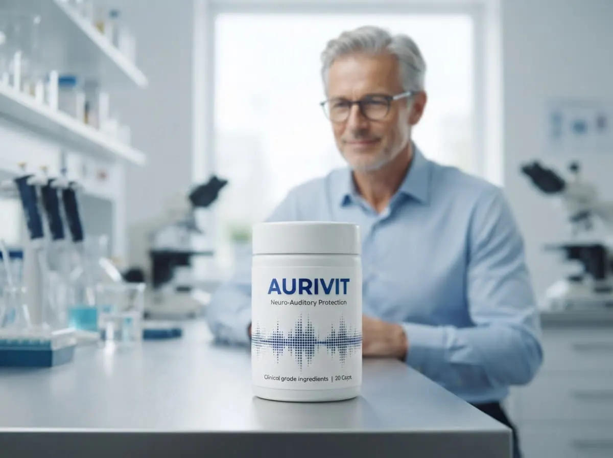 Laboratory engineer with a jar of Aurivit capsules on the lab bench
