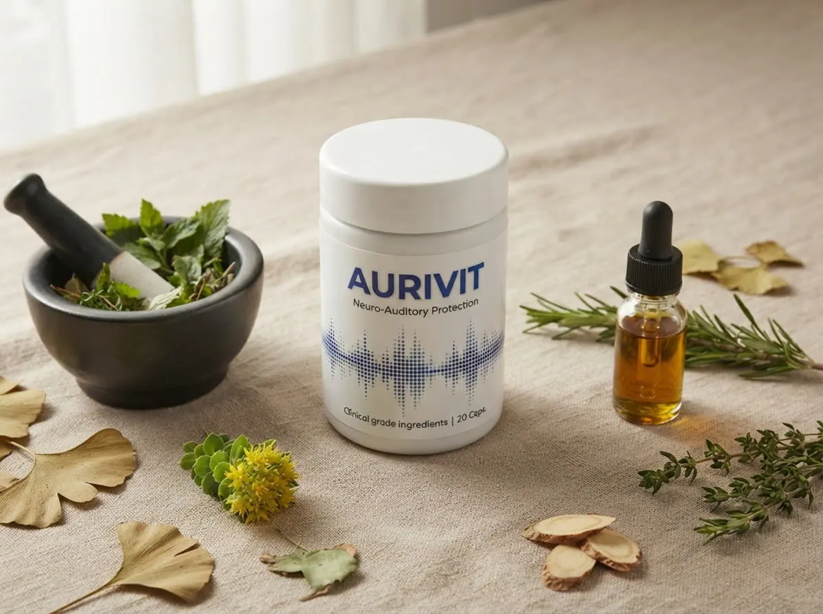 Aurivit jar surrounded by ginkgo leaves, rhodiola root and natural ingredients
