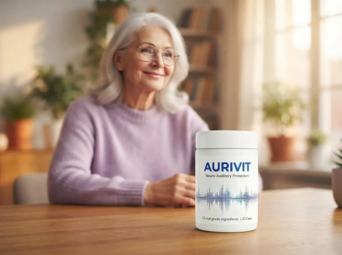 Smiling senior woman at home with a jar of Aurivit on the table