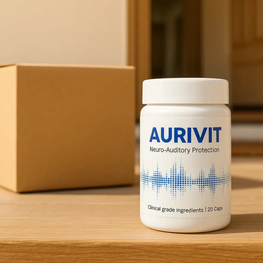 Livreur remettant un colis Aurivit à une cliente sur le pas de sa porte