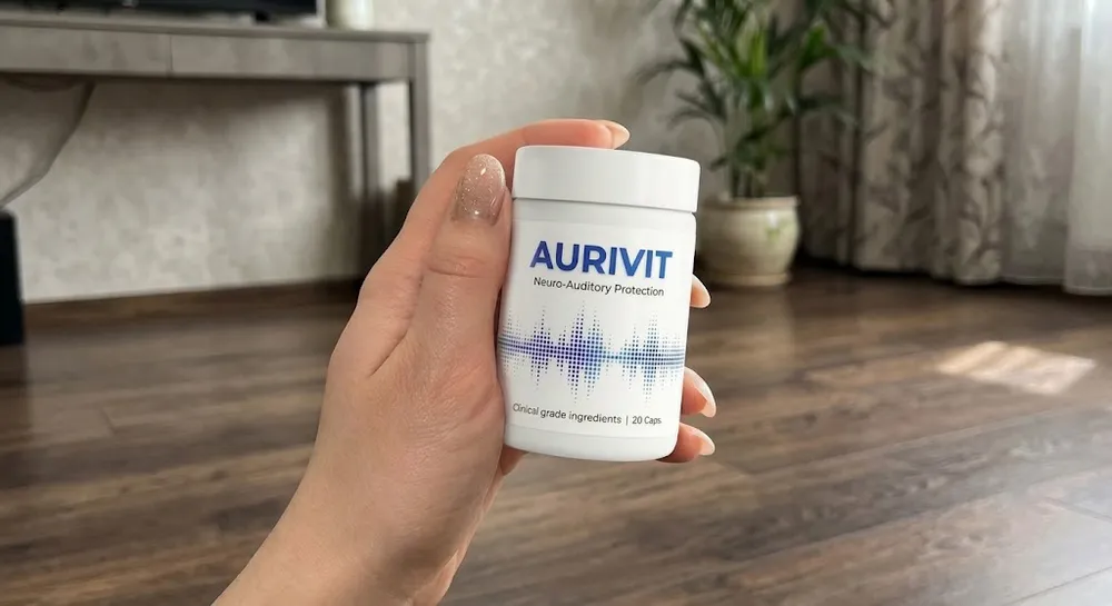 Kundin hält eine Dose Aurivit Kapseln in ihrem Wohnzimmer in der Hand